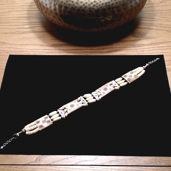Vintage Bohemian Bone Resin & Beaded Tribal Choker or Bracelet 13" - Picture 5 of 10